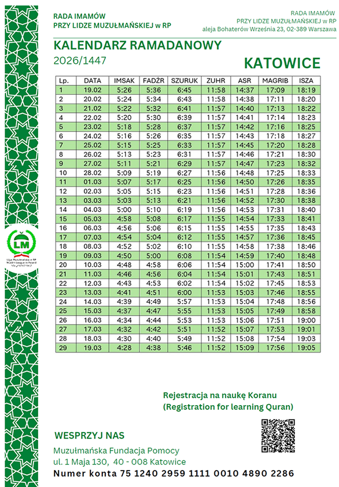 Ramadan Harmonogram 1447 H / 2026 r.